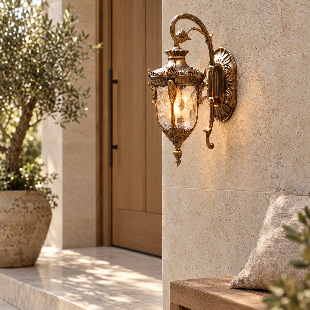 Vintage Outdoor Wall Lantern with Scroll Arm - Bronze Finish Beside Front Door