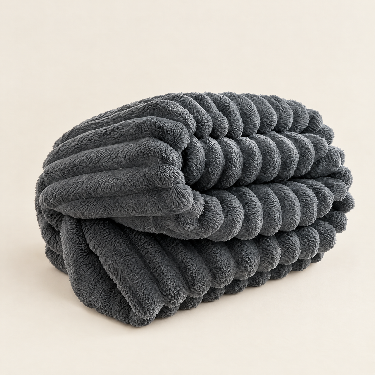 Ribbed Faux Lambswool Throw Blanket - Dark Grey, Folded on Cream Background