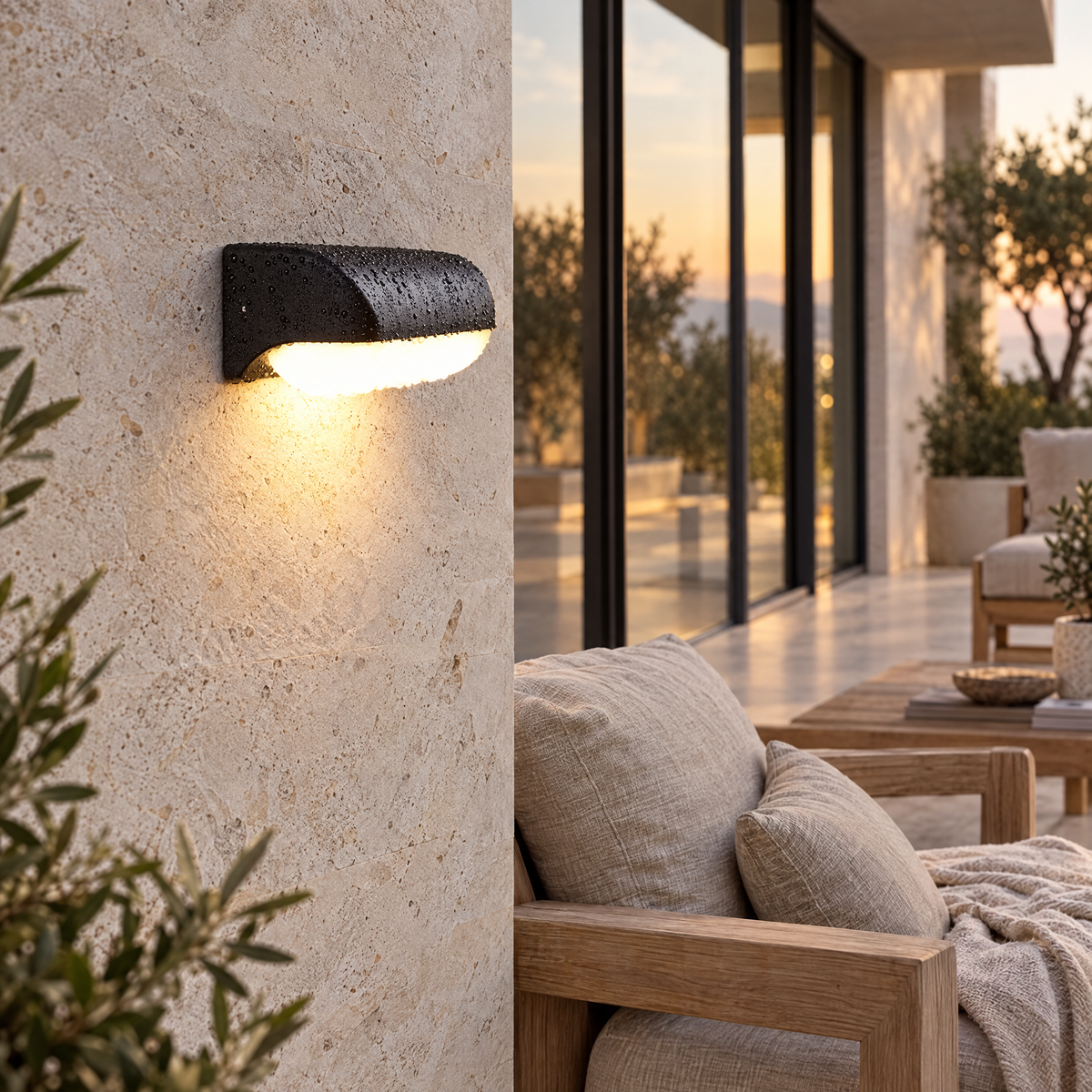 Modern Outdoor LED Wall Light - 1 Light Version Beside Patio
