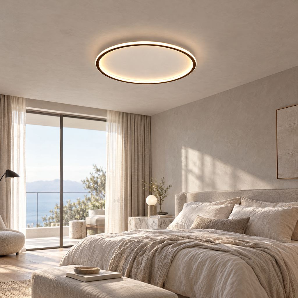 Round LED Flush Ceiling Light - Black Ring in Bright Bedroom