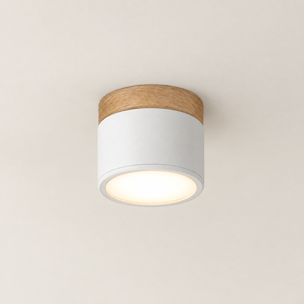 Compact LED Flush Ceiling Light with Wood-Effect Accent - White Finish on Ceiling, Lit