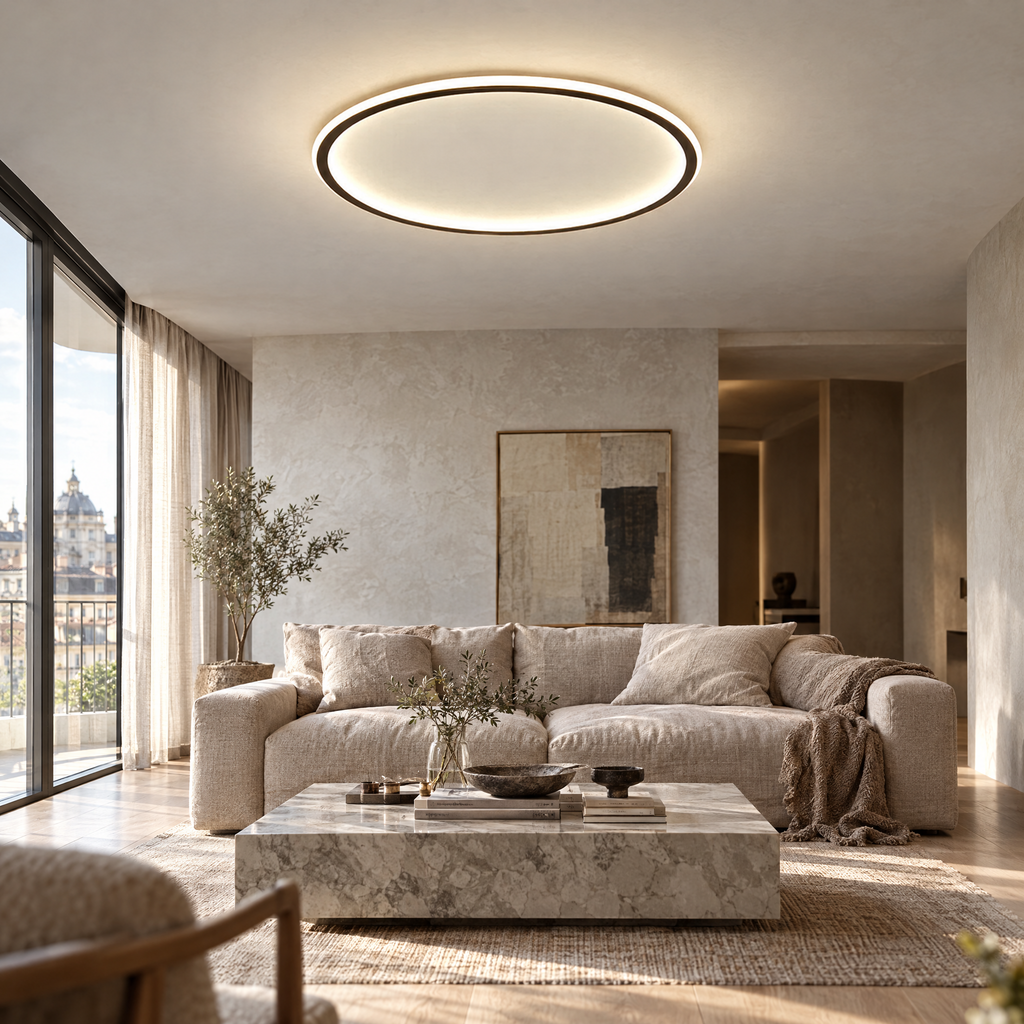 Ring LED Ceiling Light - Above Living Room with Marble Table