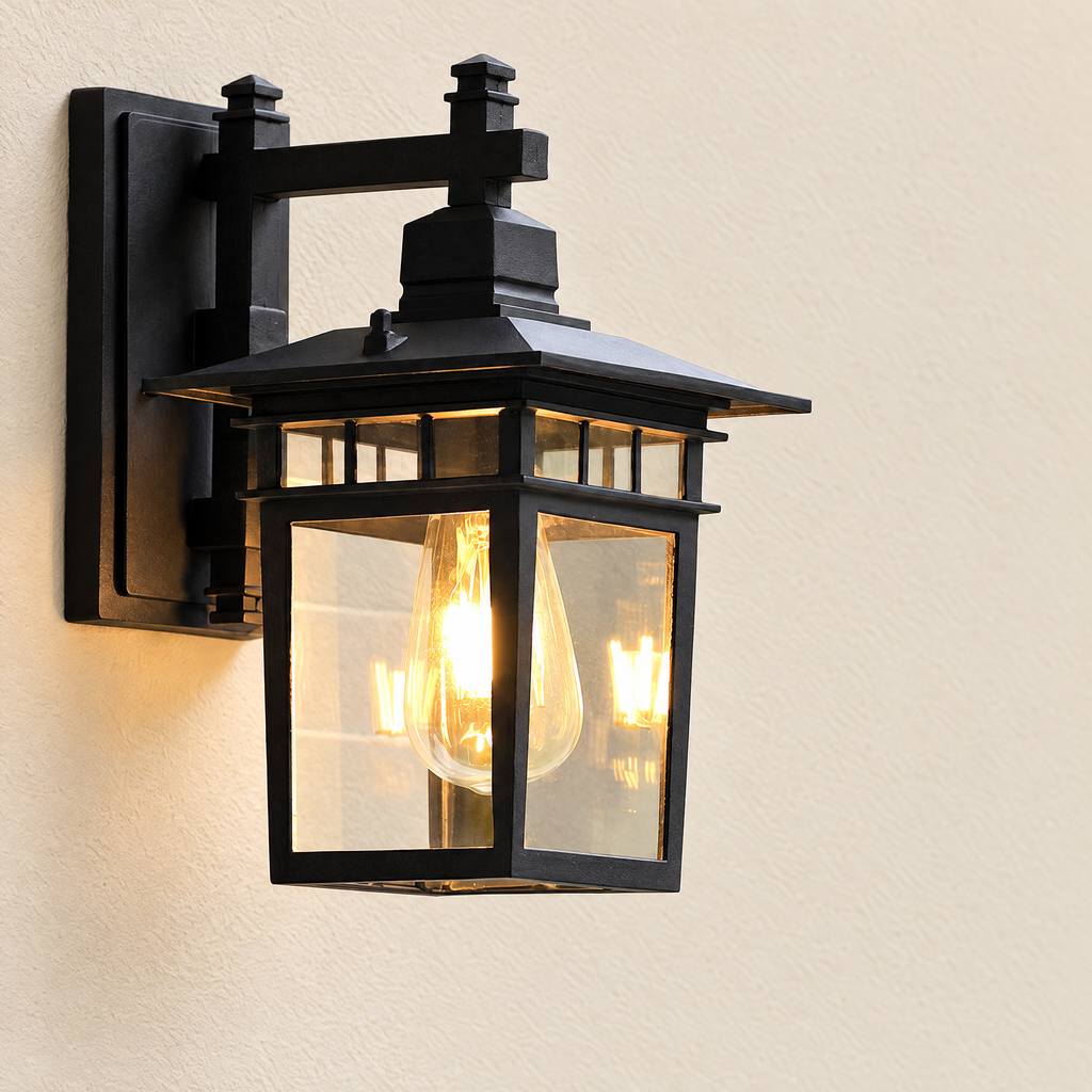 Clear Glass Outdoor Wall Lantern - Black Finish on Cream Wall