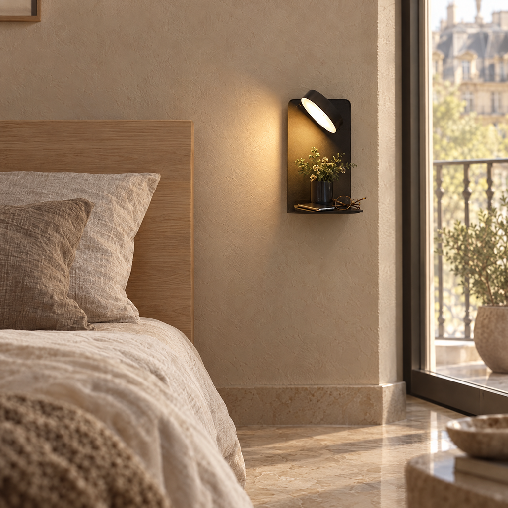 LED Bedside Wall Light with Shelf and USB Port - Black Finish Beside Bed by Window