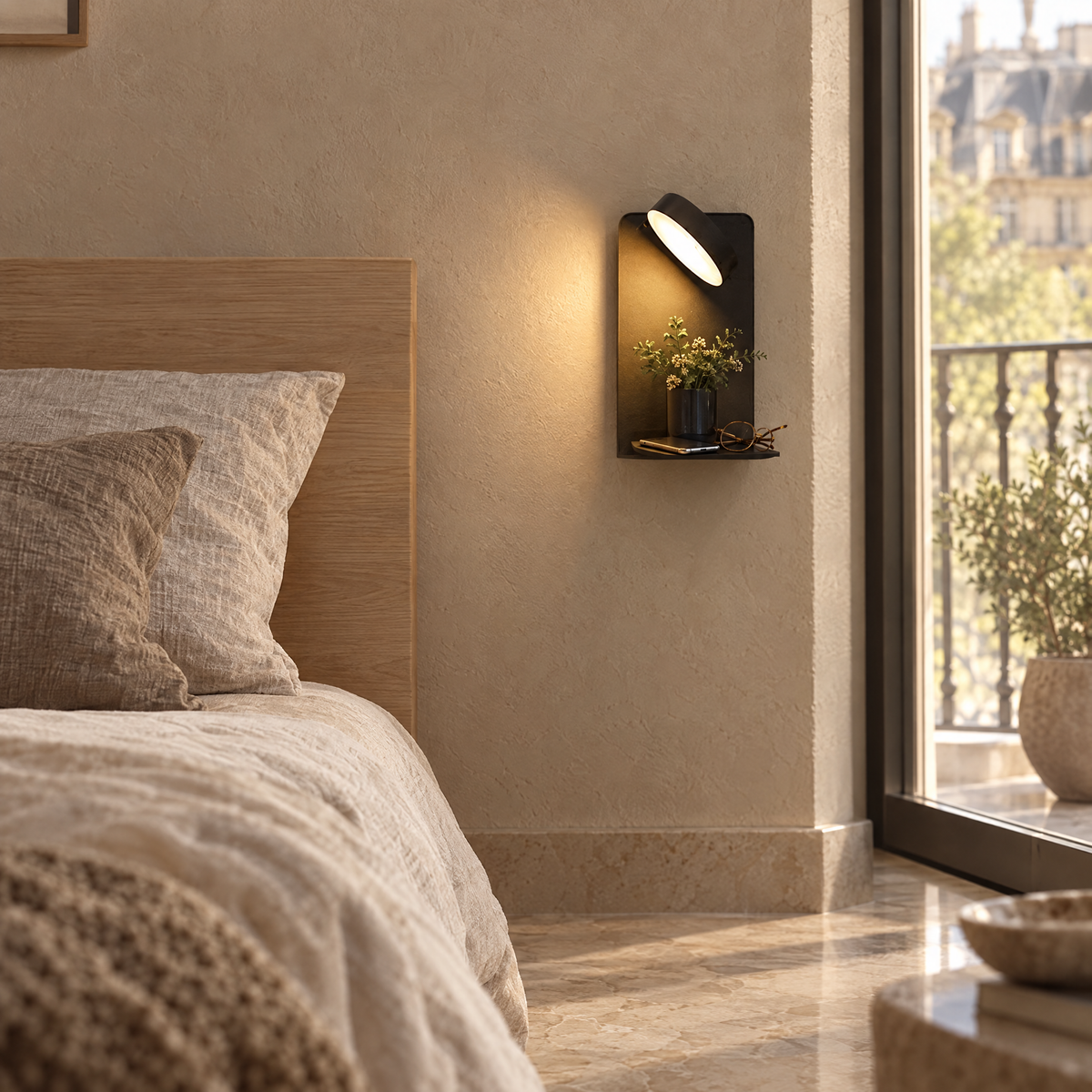 LED Bedside Wall Light with Shelf and USB Port - Black Finish Beside Bed by Window