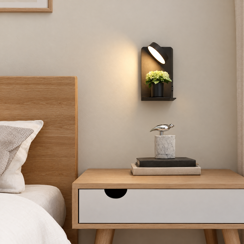 LED Bedside Wall Light with Shelf and USB Port - Black Finish Above Bedside Table, Wider View