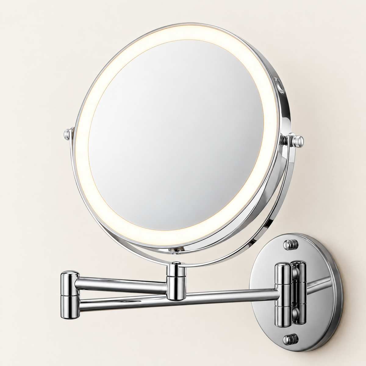 Rechargeable Wall Vanity Mirror LED Light - Chrome Finish, Lit Close View