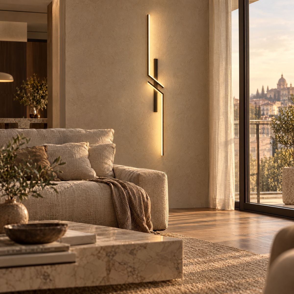 Linear Cross LED Wall Light - Lit in Living Room at Sunset