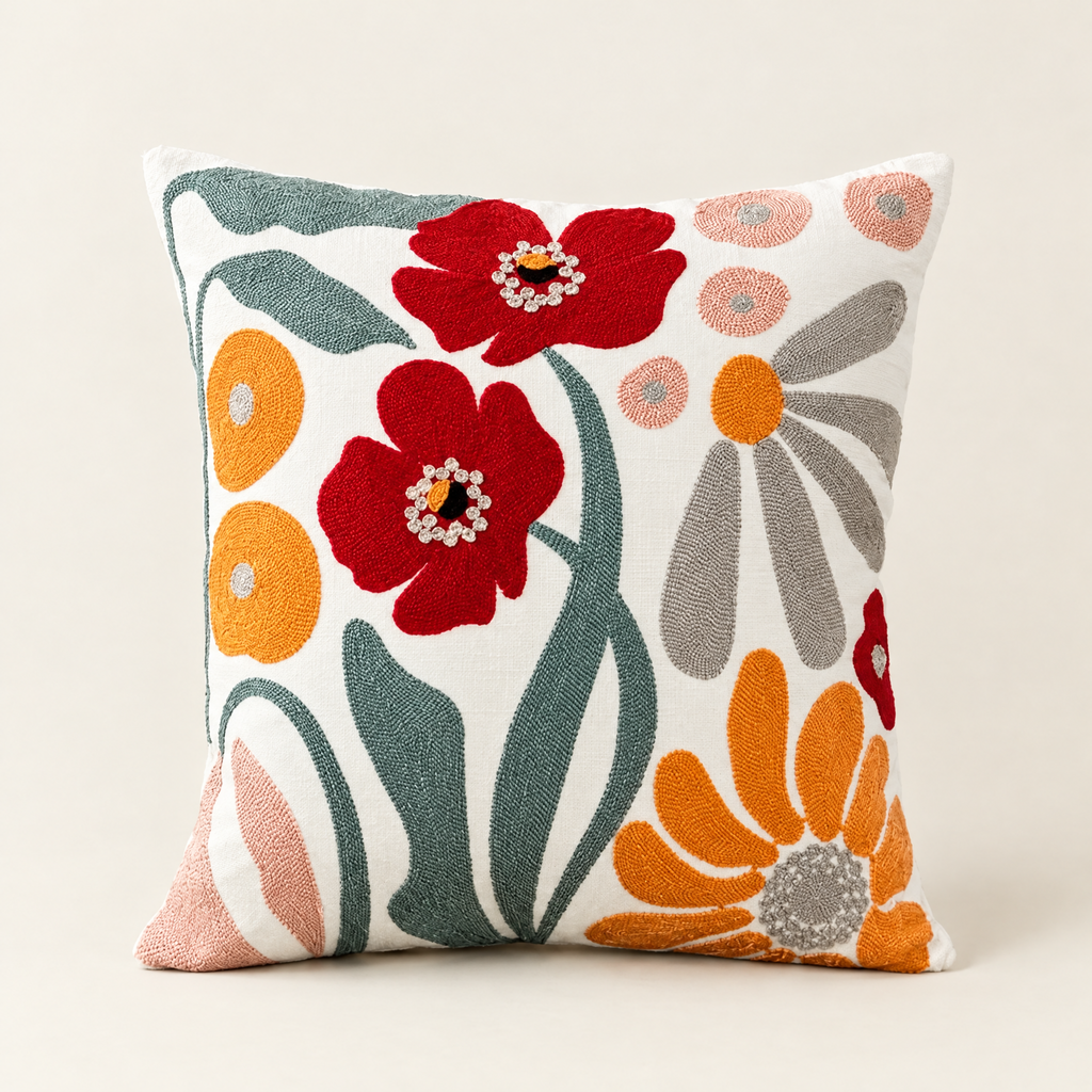 Floral Print Cushion - Red Poppy Design on Cream Background