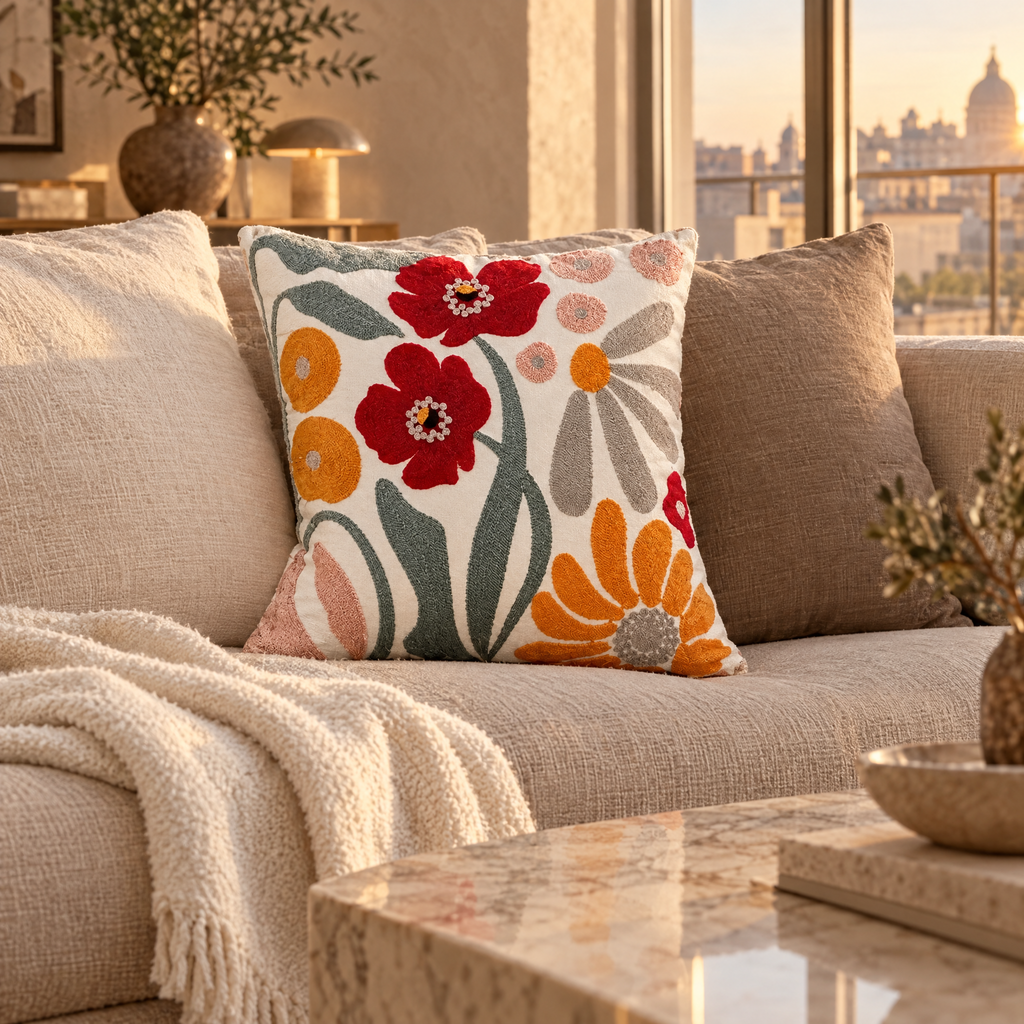 Floral Print Cushion - On Beige Sofa