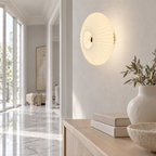 Ribbed Glass Disc Wall Sconce - Frosted White Glass in Bright Hallway