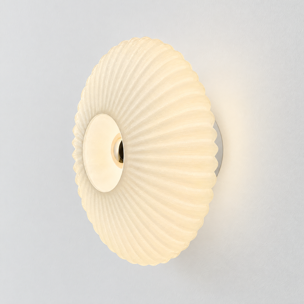 Ribbed Glass Disc Wall Sconce - Frosted White Glass, Side Angle