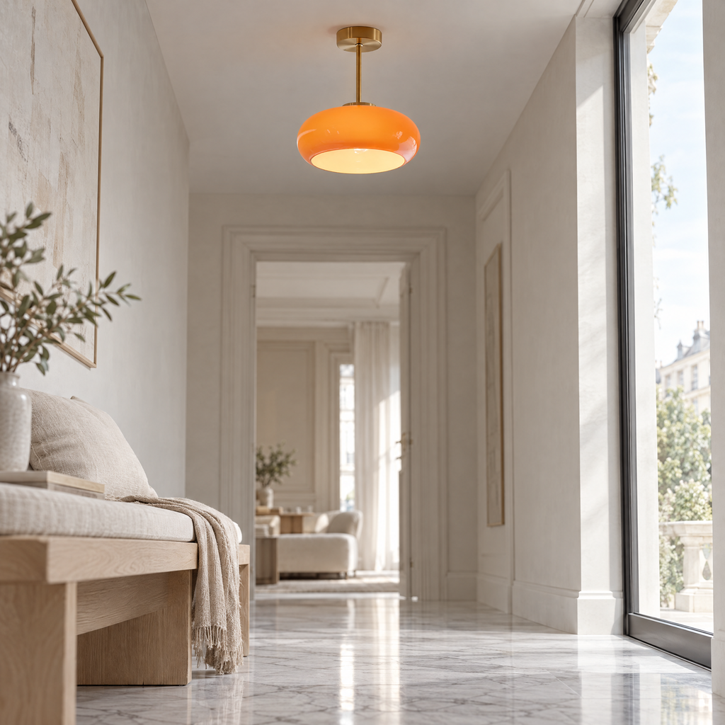 Rounded Glass Ceiling Light - Orange Glass in Bright Hallway