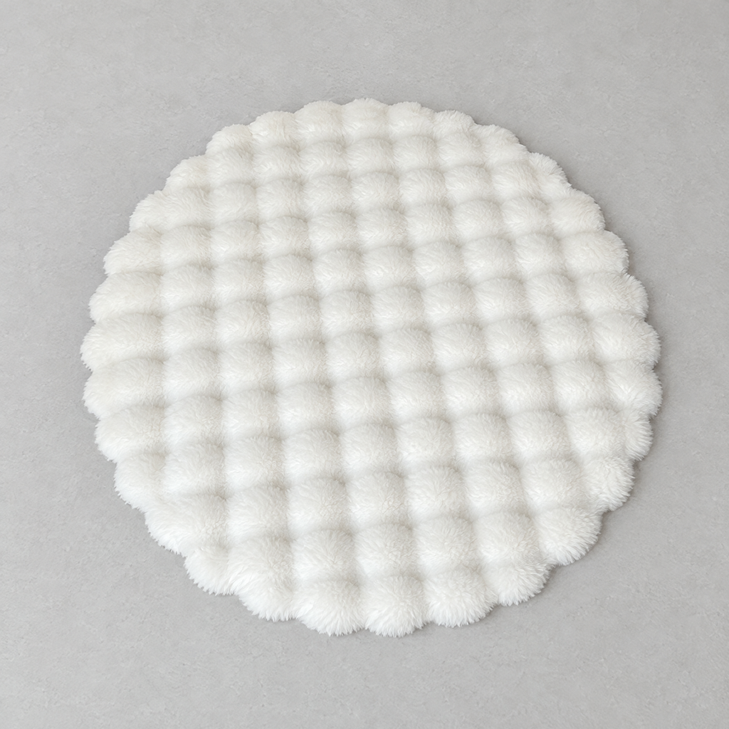 Round Faux Fur Rug - White Rug on Grey Background