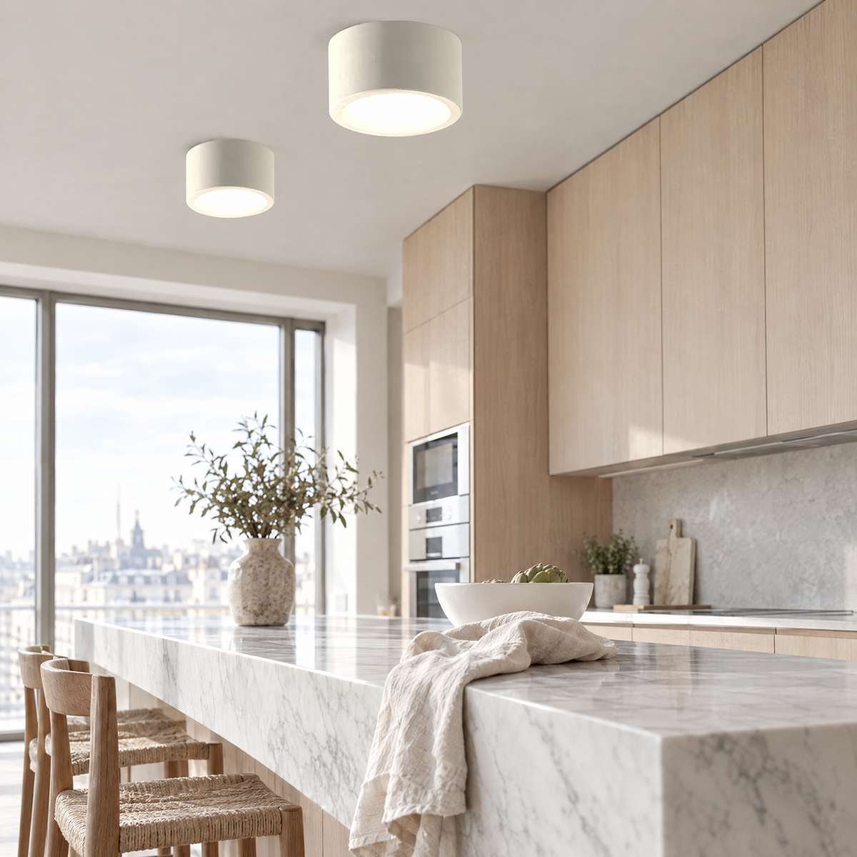 Cylinder LED Ceiling Light - White Finish Above Kitchen Island