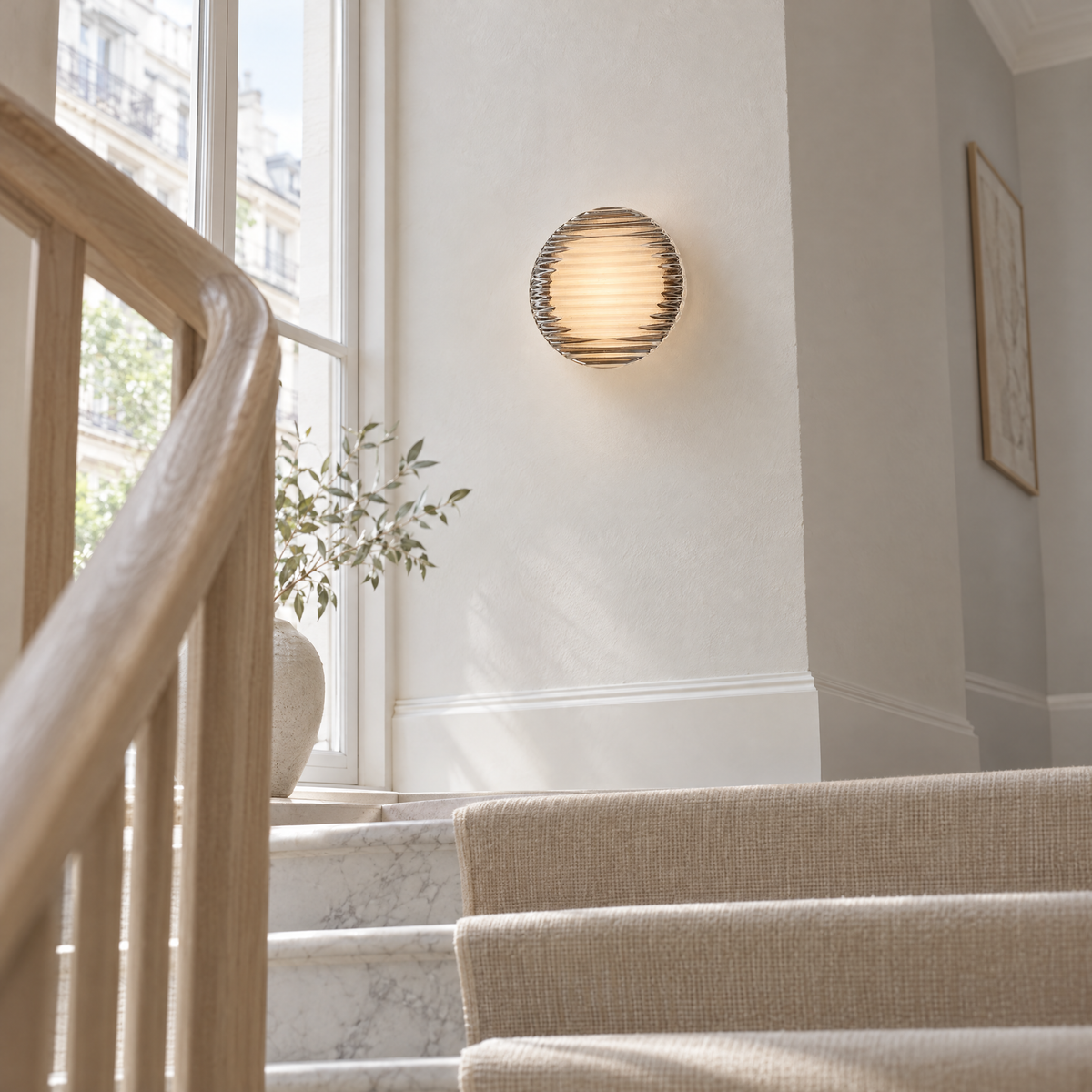 Round Ribbed Glass LED Wall Light - Smoke Glass Above Staircase