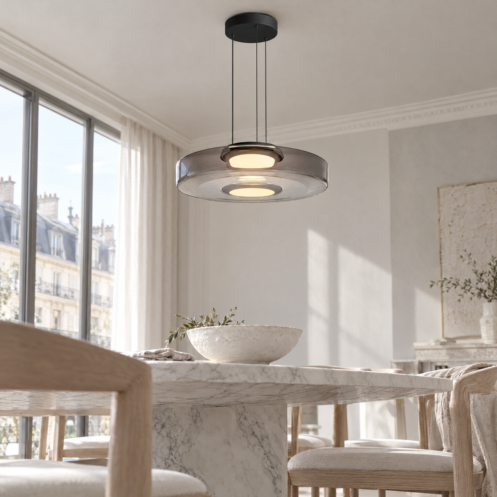 Tinted Glass Pendant Light - Smoke Grey Single Tier Above Marble Dining Table