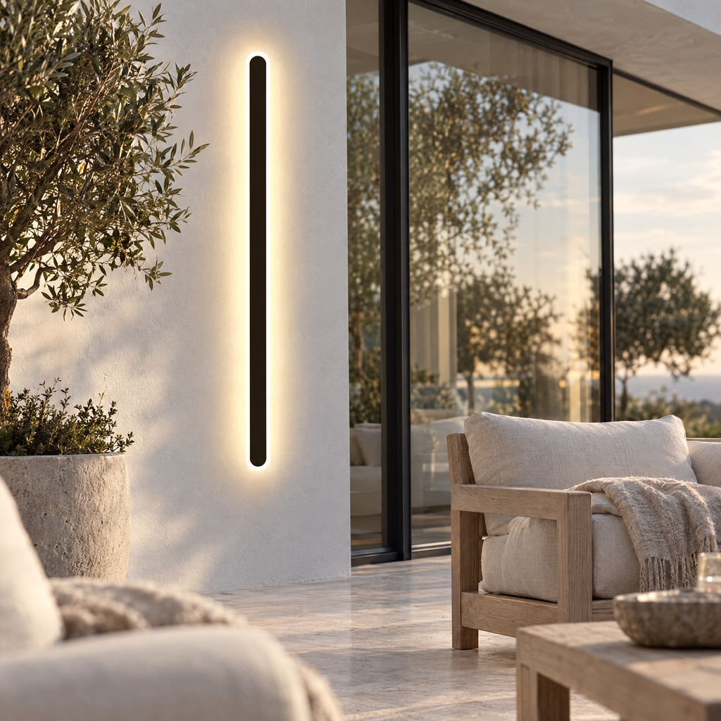 Black Linear Outdoor Wall Light - Lit Beside Patio Seating