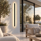 Black Linear Outdoor Wall Light - Lit Beside Patio Seating