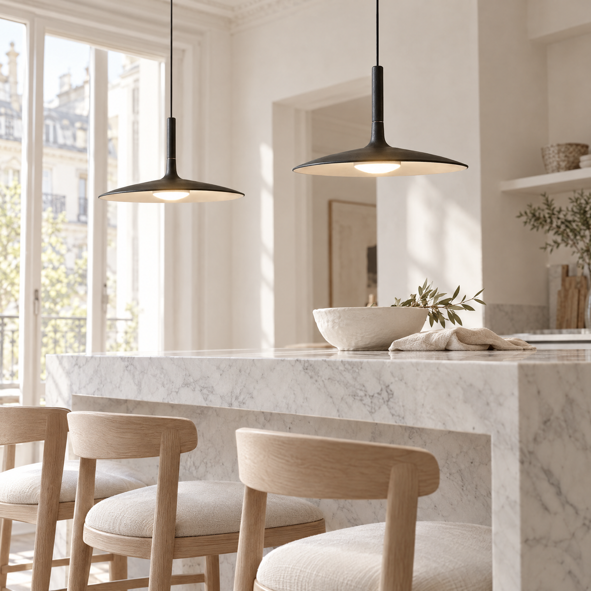 Slim Nordic Pendant Light - Two Black Pendants Above Marble Island