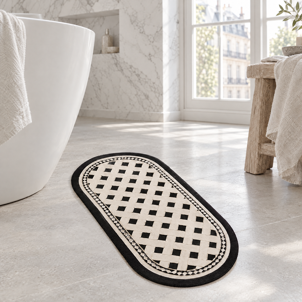 3-Piece Bathroom Mat Set - Oval Mat Beside Freestanding Bath