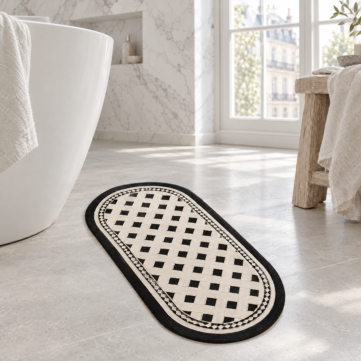 3-Piece Bathroom Mat Set - Oval Mat Beside Freestanding Bath