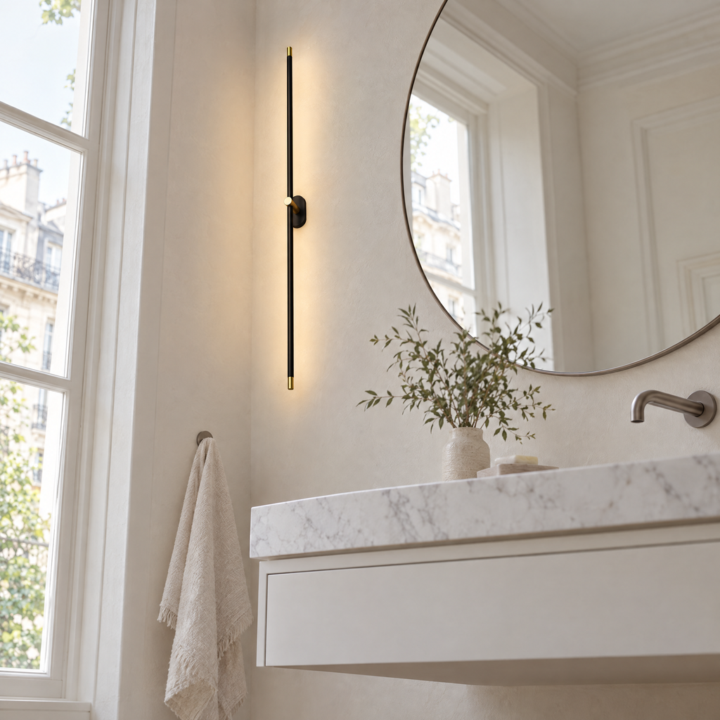 Rechargeable Linear LED Wall Light - Black Finish Vertical Beside Bathroom Mirror