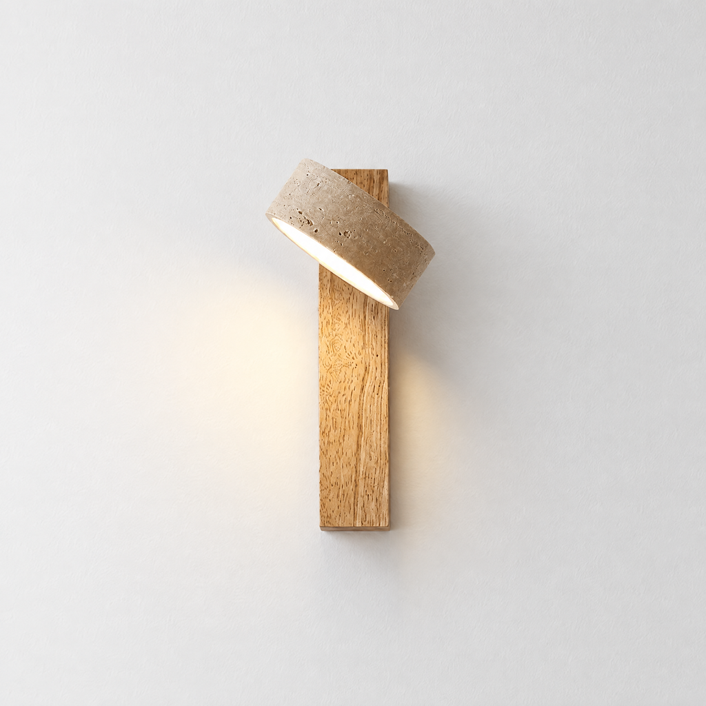 Travertine Wall Sconce - Natural Wood Back on White Wall