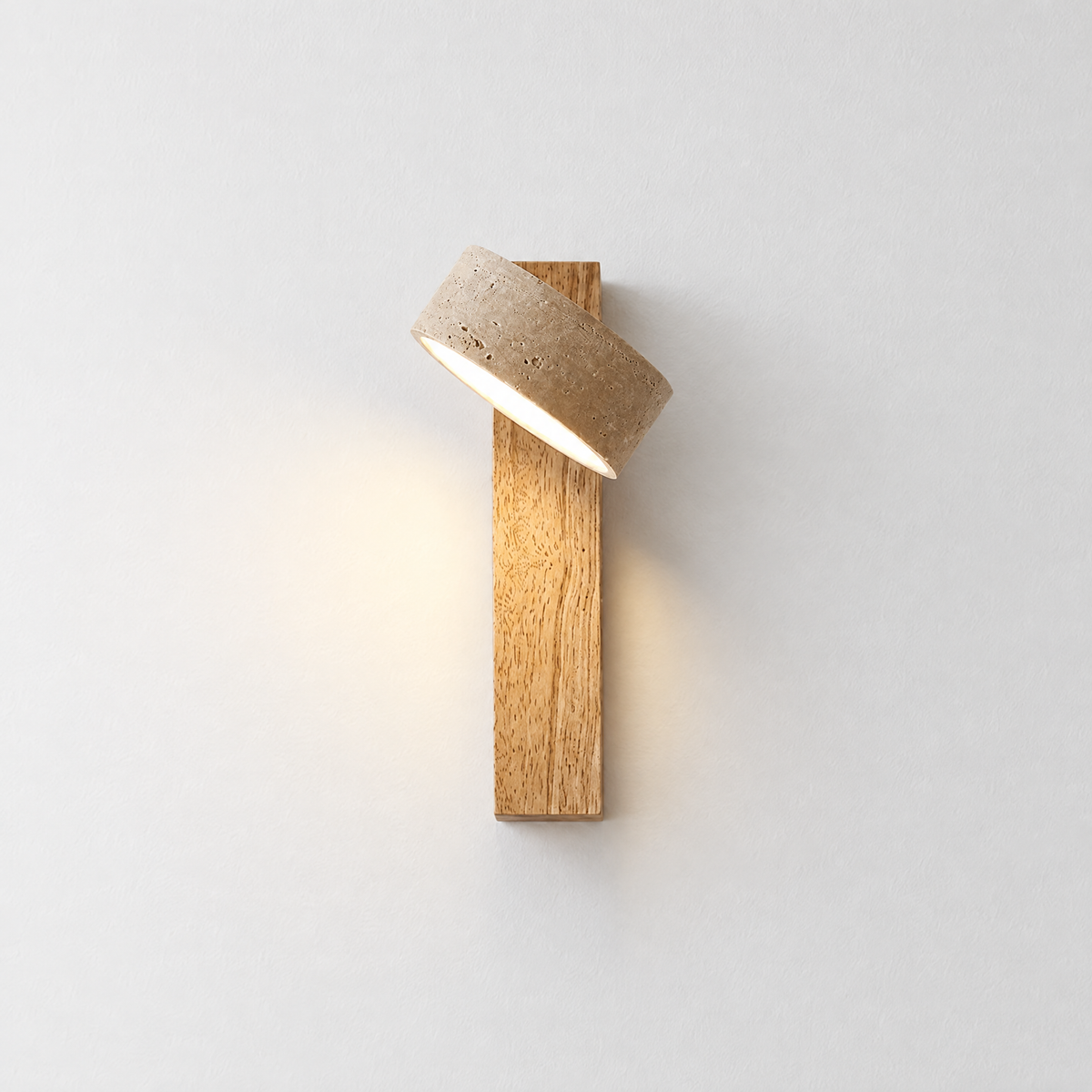 Travertine Wall Sconce - Natural Wood Back on White Wall