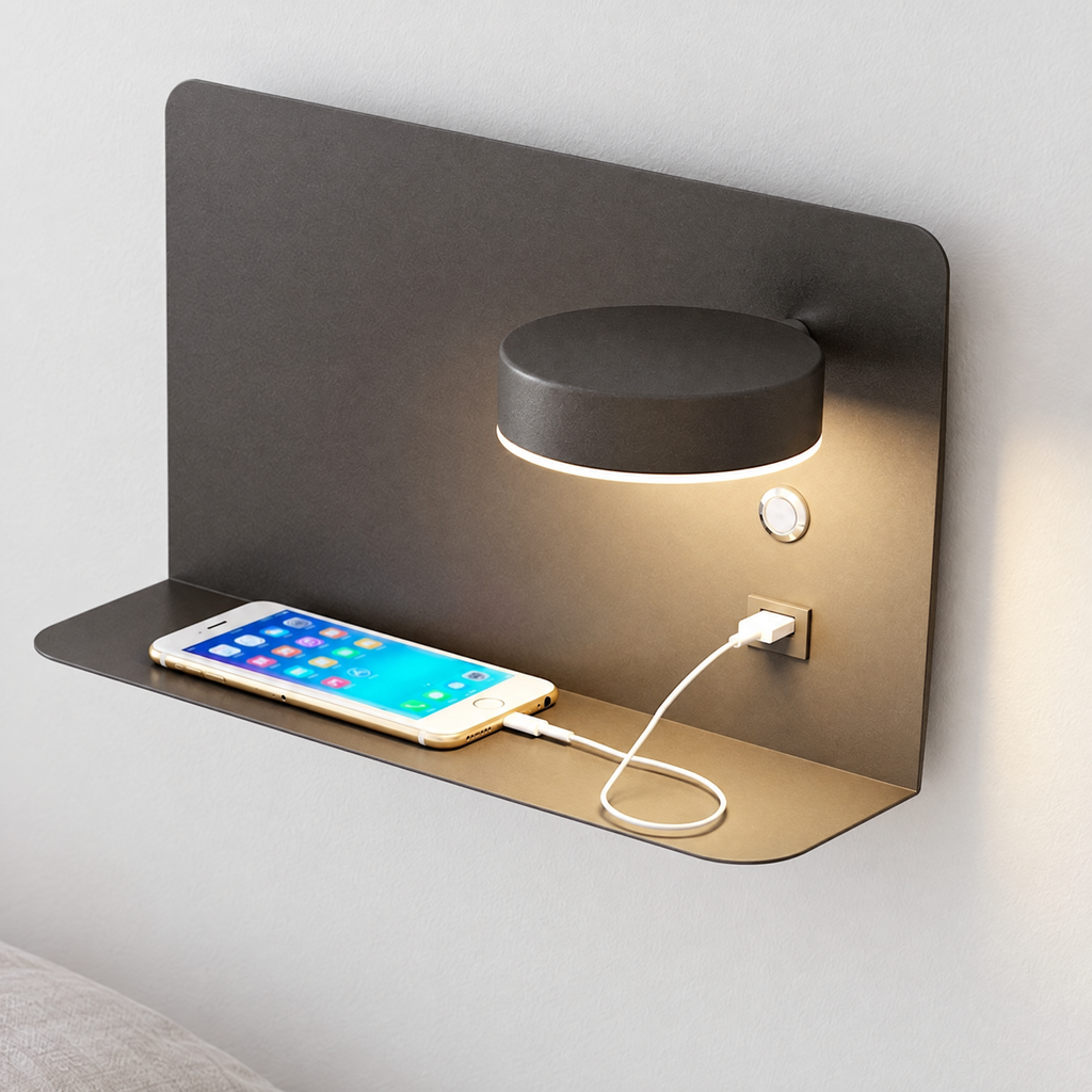 Reading Wall Light with Shelf & USB Port - Black Finish, Lit Close View