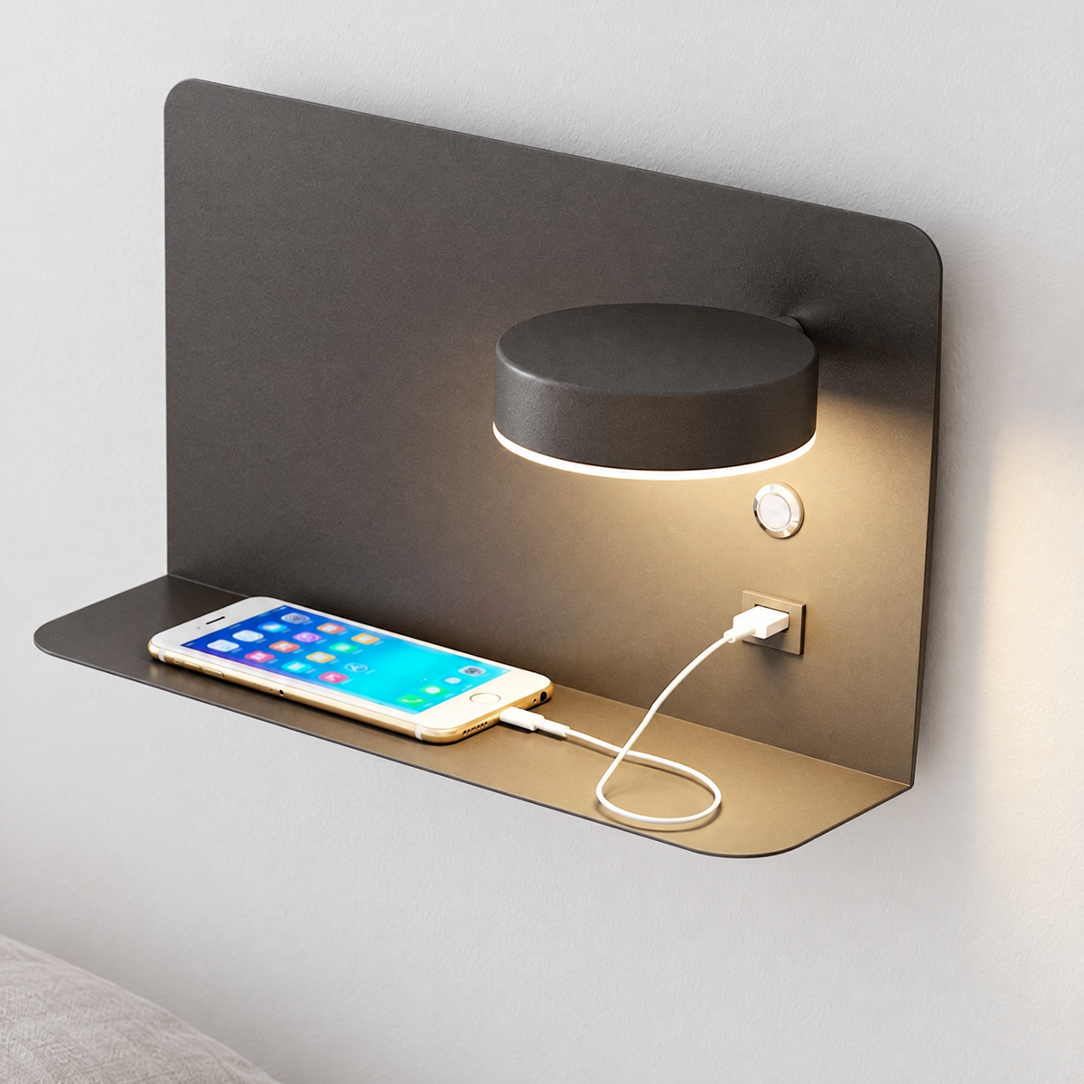Reading Wall Light with Shelf & USB Port - Black Finish, Lit Close View