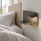 Reading Wall Light with Shelf & USB Port - Black Finish Beside Bed by Window