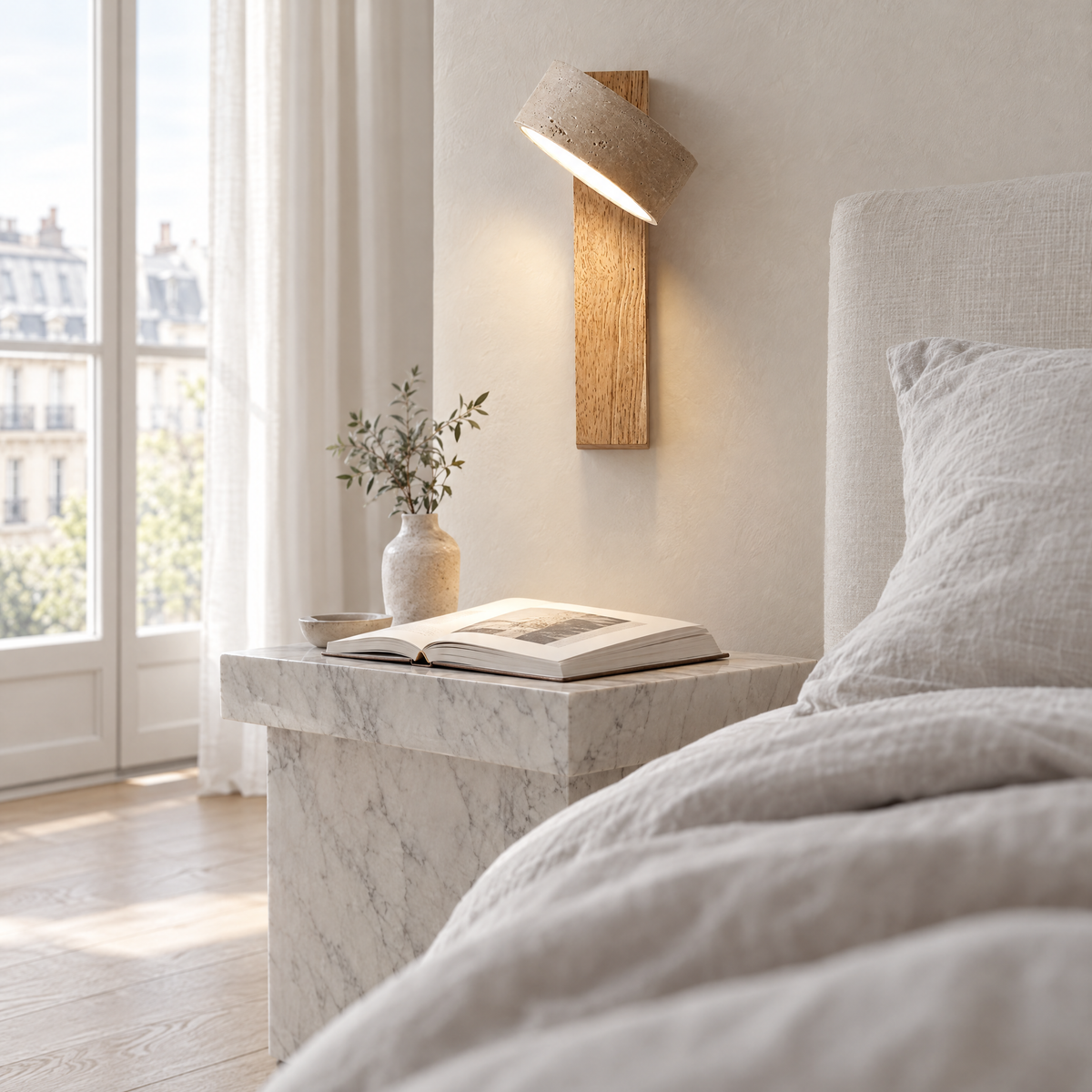 Travertine Wall Sconce - Above Marble Bedside Table