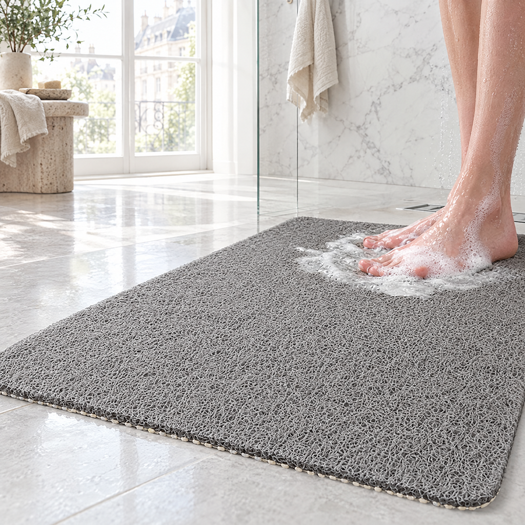 Non-Slip Loop Shower Mat - Grey Mat on Marble Floor