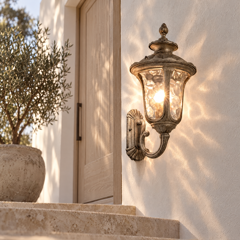 Ripple Glass Outdoor Wall Lantern - Bronze Finish Beside Front Door