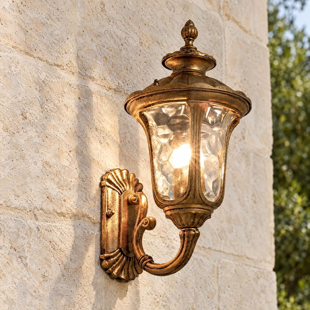 Ripple Glass Outdoor Wall Lantern - Bronze Finish on Sandstone Wall