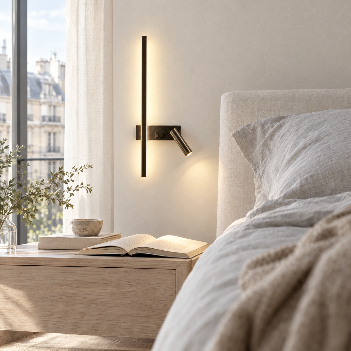 LED Reading Wall Light with Light Bar & Spotlight - Beside Bed with Open Book