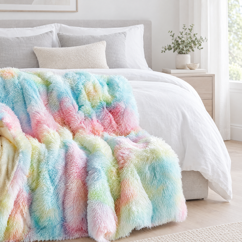 Tie-Dye Faux Fur Throw - Multicolour Throw on Bed with White Linen