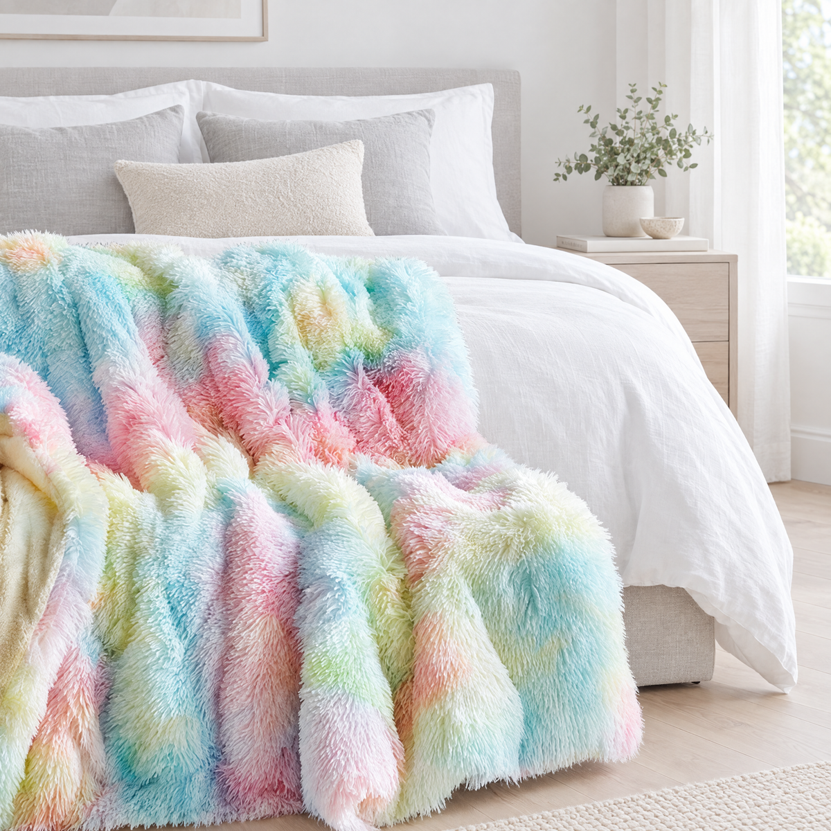 Tie-Dye Faux Fur Throw - Multicolour Throw on Bed with White Linen