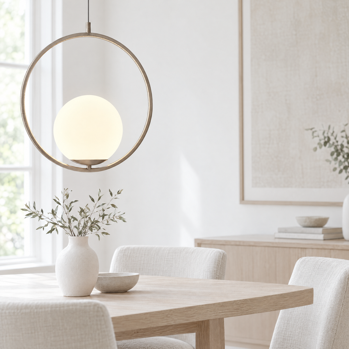 Opal Glass Cage Pendant Light - Gold Round Frame Above Dining Table