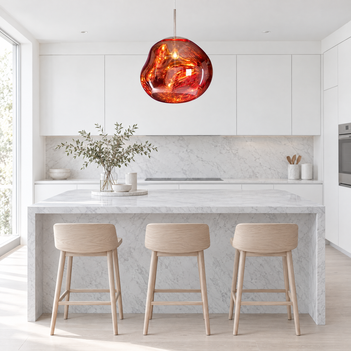 Molten Mirrored Globe Pendant Light - Red Finish Above Kitchen Island