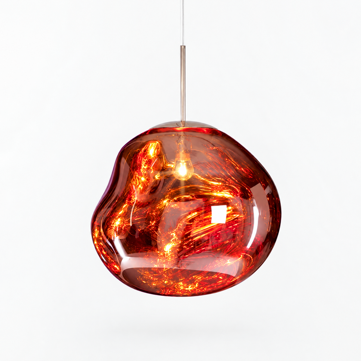 Molten Mirrored Globe Pendant Light - Red Finish, Lit