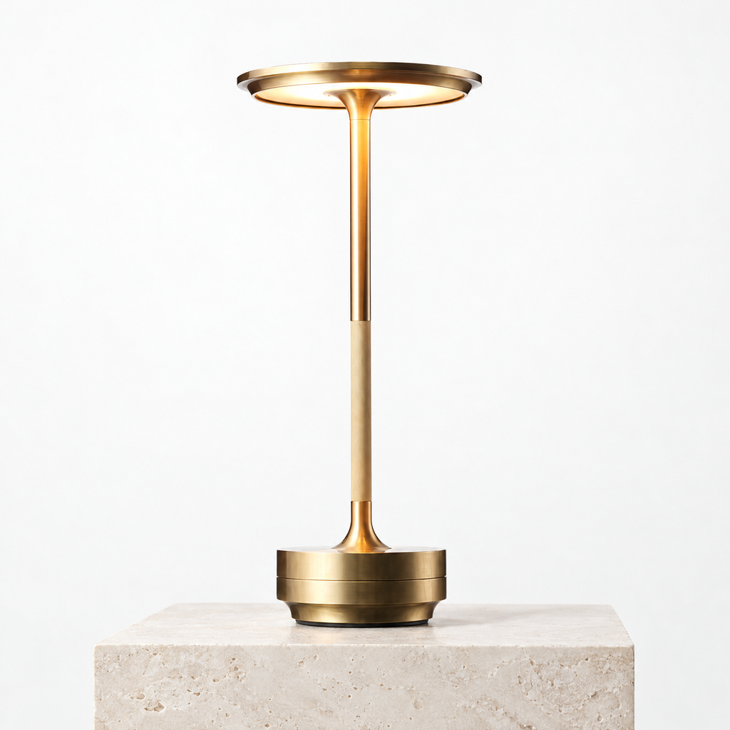 Cordless LED Table Lamp - Gold Finish on Limestone Plinth
