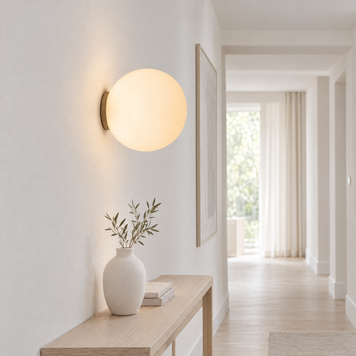 Frosted Glass Globe Wall Light - In Bright Hallway Above Console