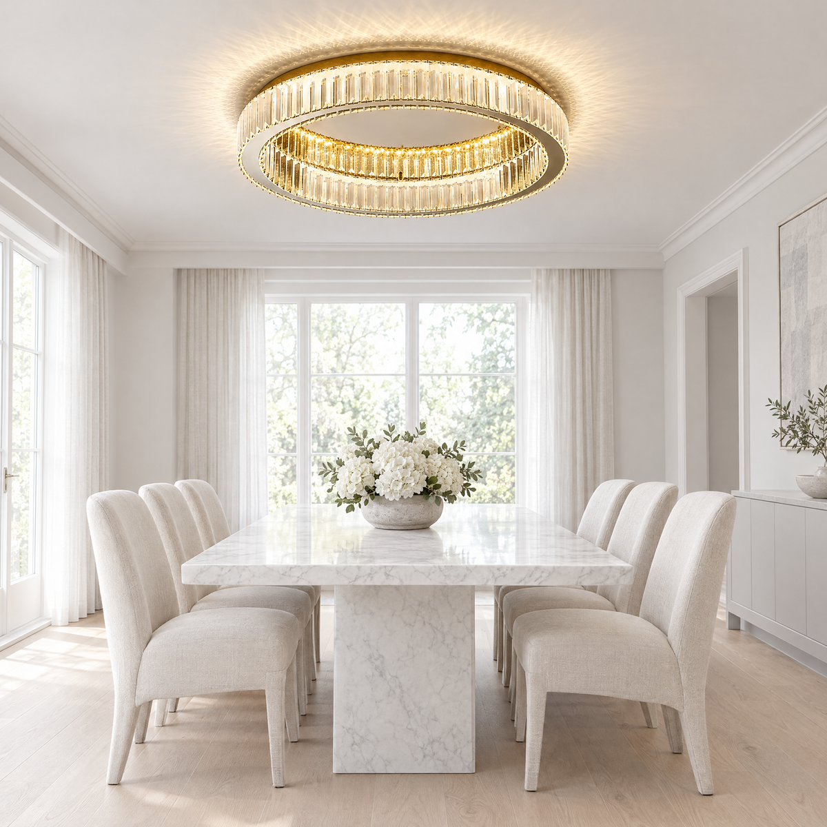 Crystal Ring LED Ceiling Light - Gold Finish Above Marble Dining Table