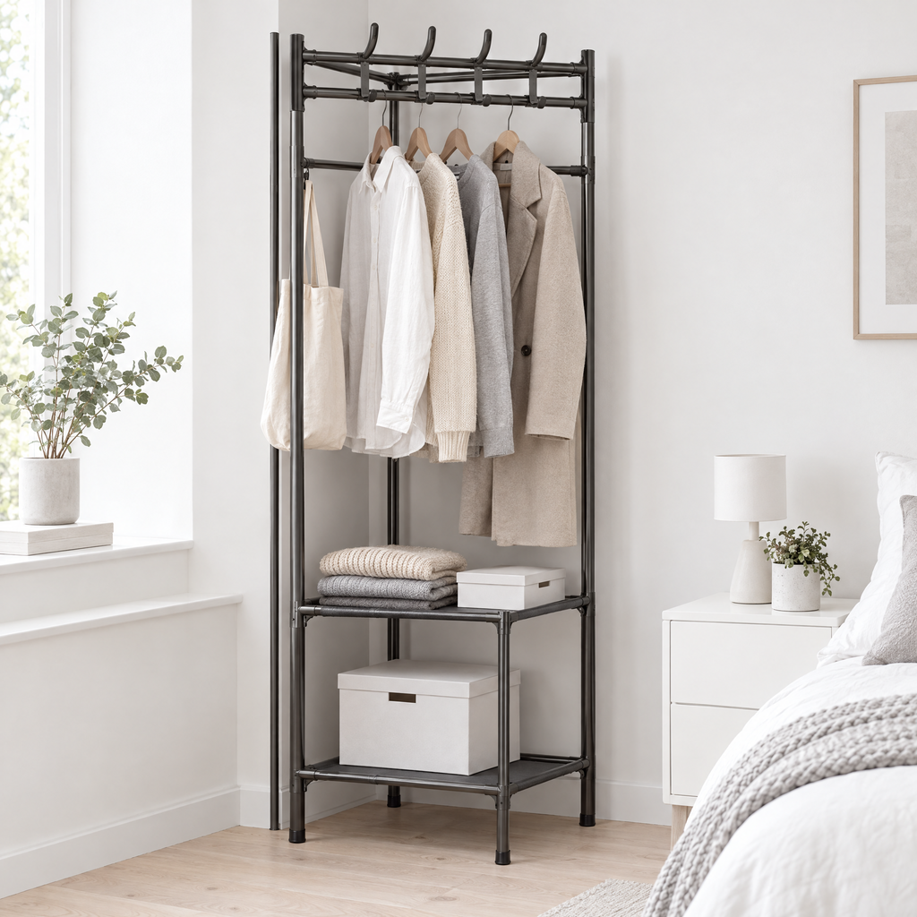 Corner Clothes Rail with Shelves & Hooks - Black with Clothes in Bright Bedroom