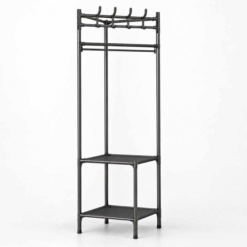 Corner Clothes Rail with Shelves & Hooks - Black on White Background