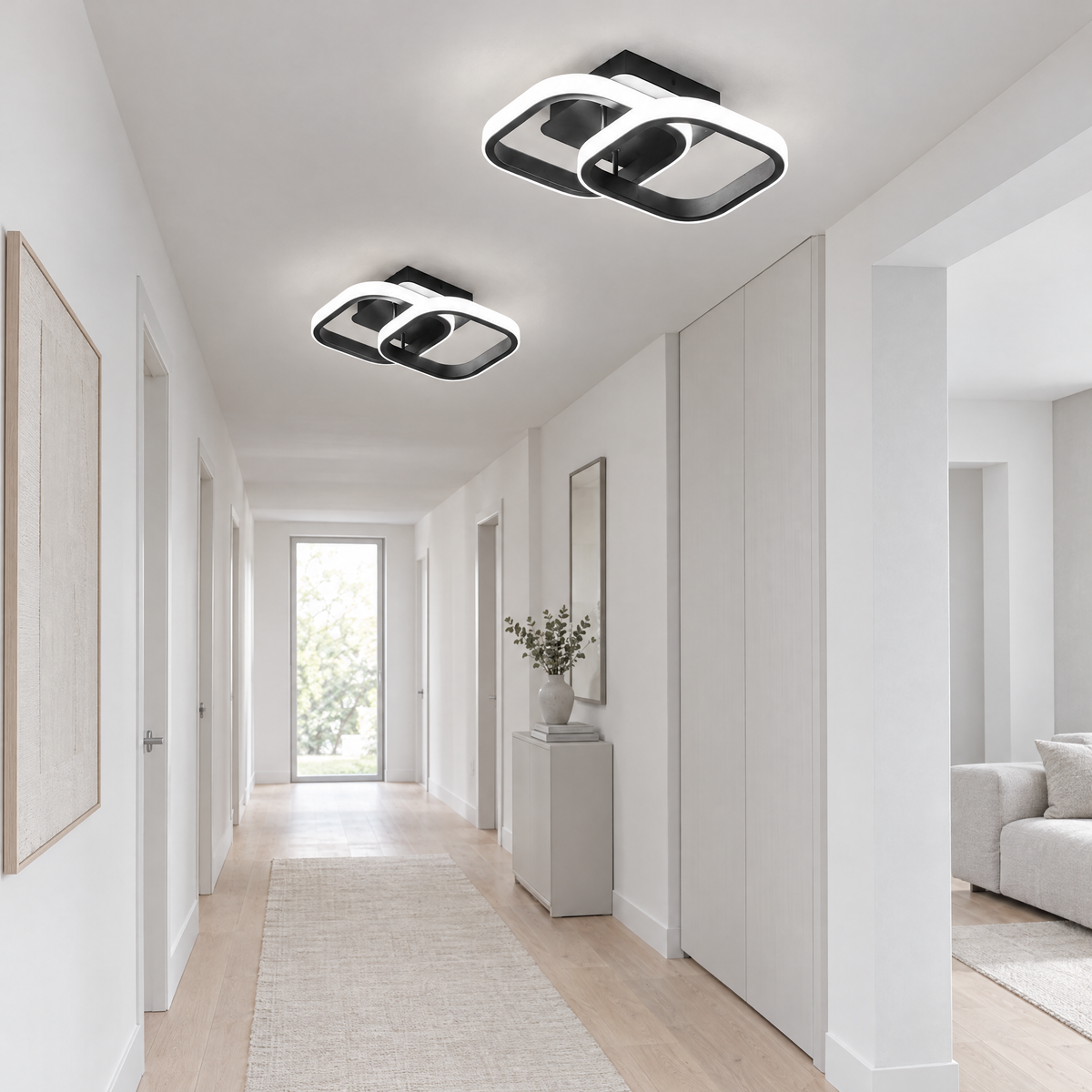 Sculptural Loop LED Ceiling Light - Black Square Pair in Bright Hallway