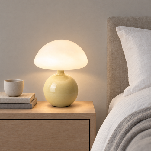 Ceramic Mushroom Table Lamp with 3-Tone LED - Beige Base Lit on Oak Bedside Table