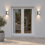 Up and Down Outdoor Wall Light - Pair Lit Either Side of White Patio Doors